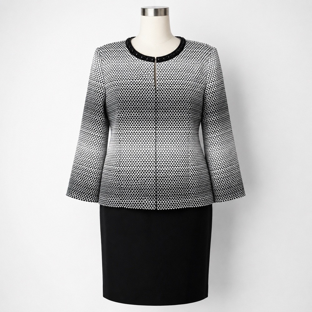 Tahari 2 Pc Skirt Suit Beaded Jacket Career Church Office Plus 16W Black White